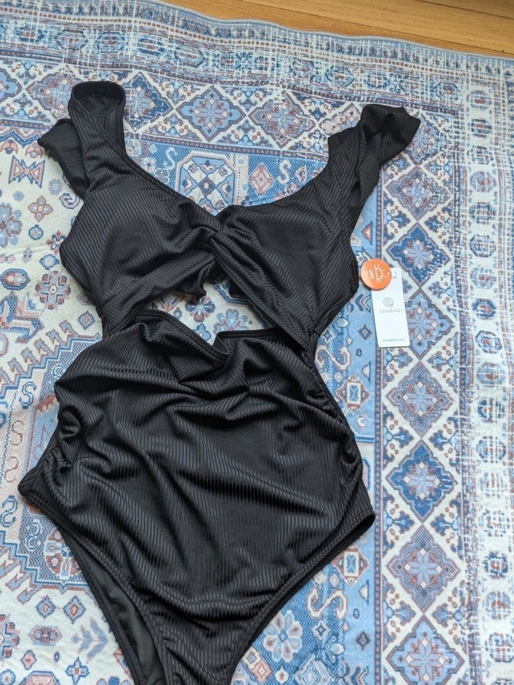 Women's Black Ribbed Twist-Front Bodysuit